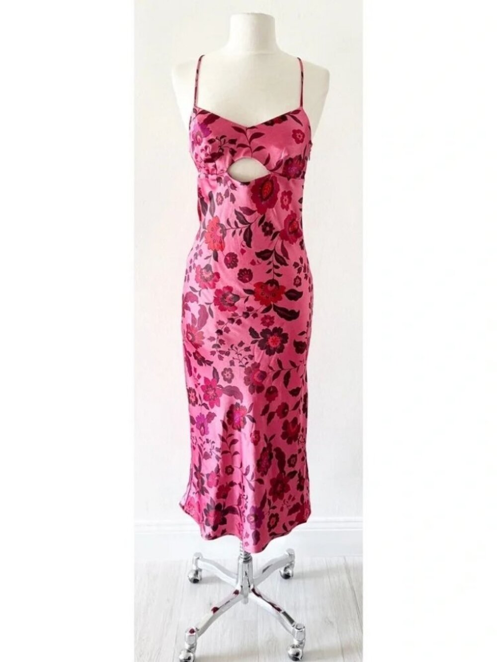 House of Harlow 1960 Pink Floral Print Satin Cutout Midi Dress Size XS